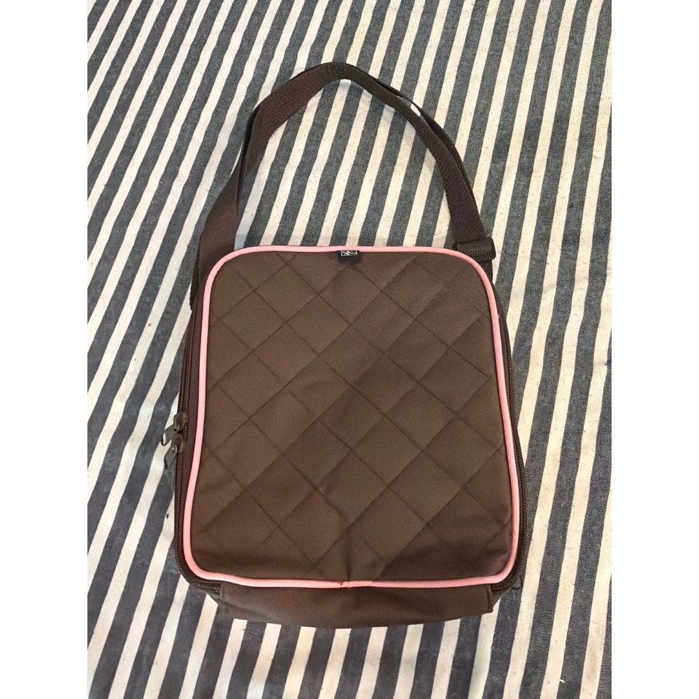 J.L. Childress Brown Pink Quilted Insulated Lunch Bag Adjustable Shoulder Strap